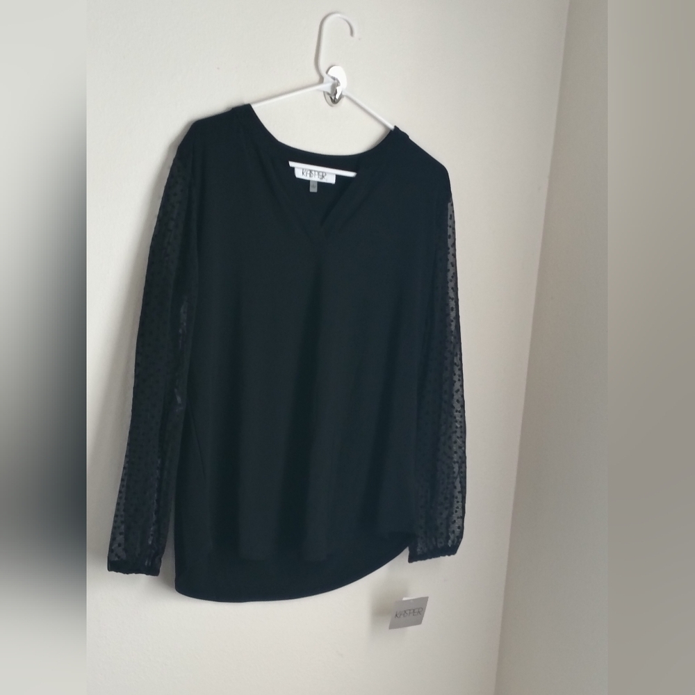 Kasper Blouse Women Large Black Sheer Polka Dot Sleeves Gothic Office Preppy Y2K